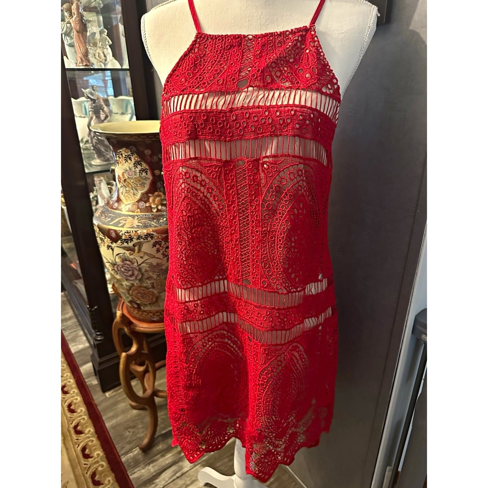 francesca's Red Lace Halter Keyhole Tie Sleeveless Knee Length Shift Dress L